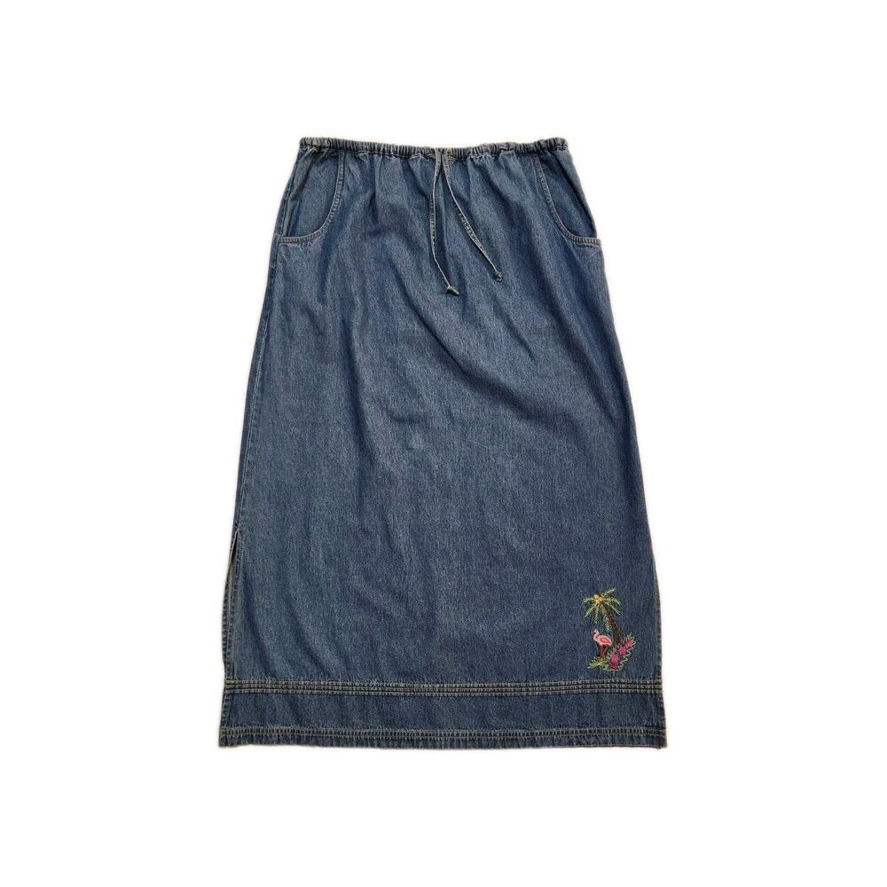 Vintage Denim Skirt Size L W/ Embroidered Flamingo Vacation Boho Y2K Cottage